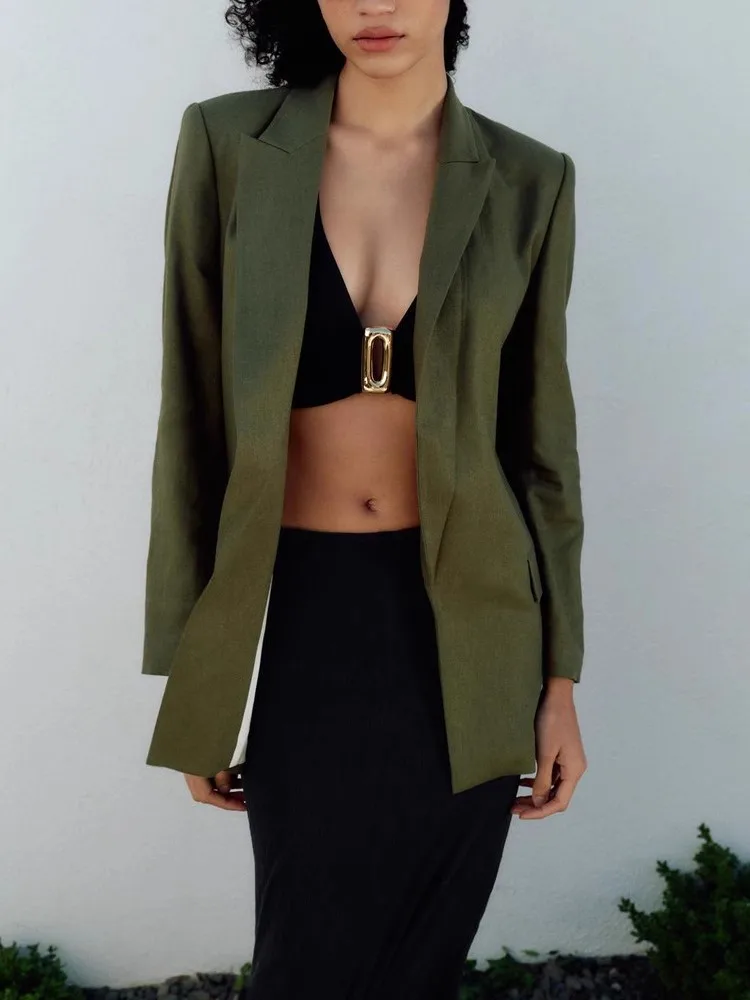 Elegant Fashionable Women's Suit Jacket Open Front Roll Sleeve New Summer 2024 Polyester Casual Classical Style Pure Color