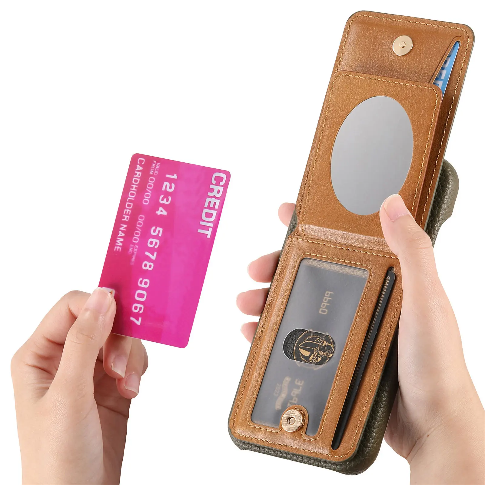 ライチ柄 ハート型ミラー付き スマホホルダー 財布型 レザーケース Google Pixel 10 Pro XL 9A 9 8 8A用 耐衝撃 スリムカバー