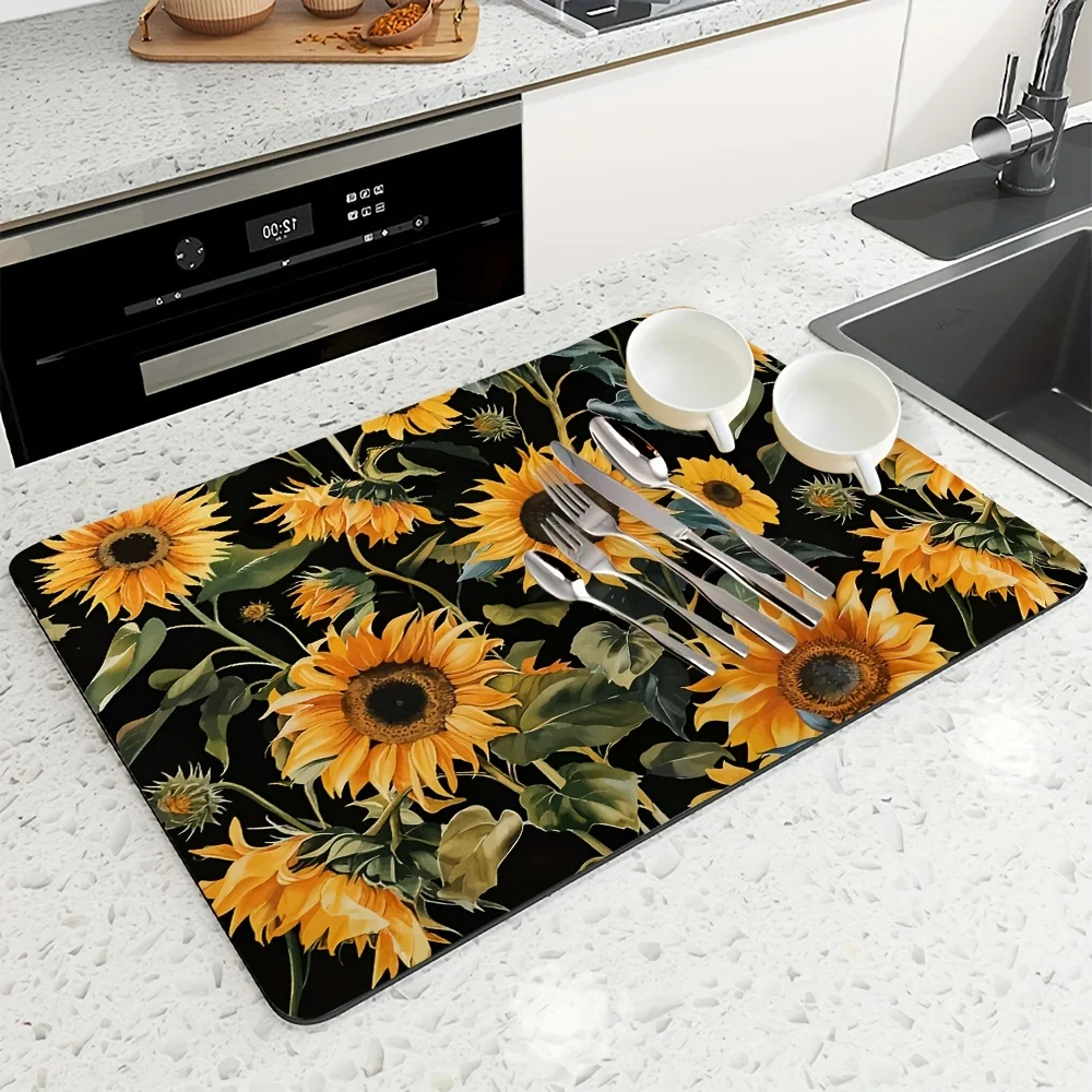 Beige Grid Black Cat Heart Balloon Mat Cute Kitten Balloon Print Drying Mat Lovely Romantic Kitchen Counter Decor Mat