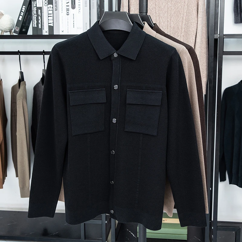 Men's Luxury Knitted Cardigan Long Sleeve Lapel Thickened Button down Double Pocket Solid Color Autumn Winter Fashion Men's Wear