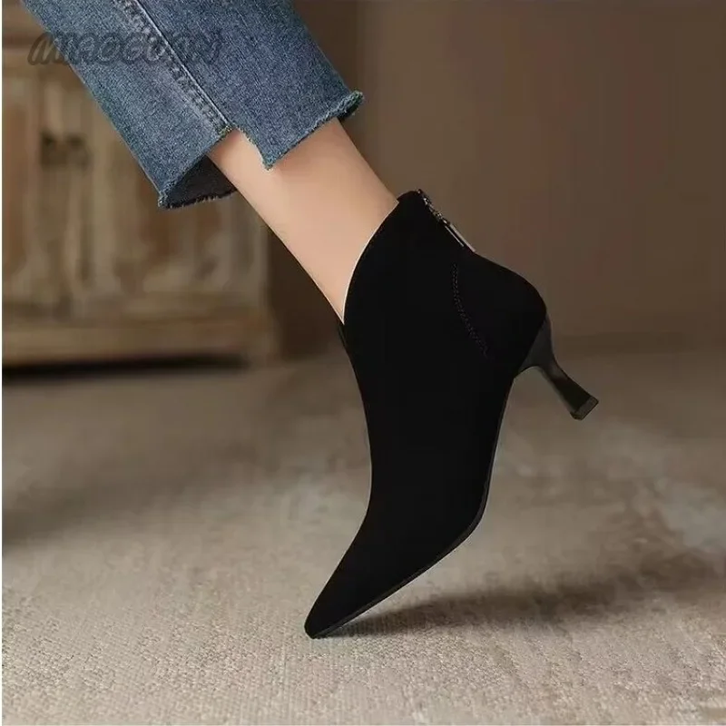 Pointed Toe Booties Elastic Suede Short Shoes for Women Elegant with Low Heels Female Ankle Boots Autumn Solid Botines Footwear