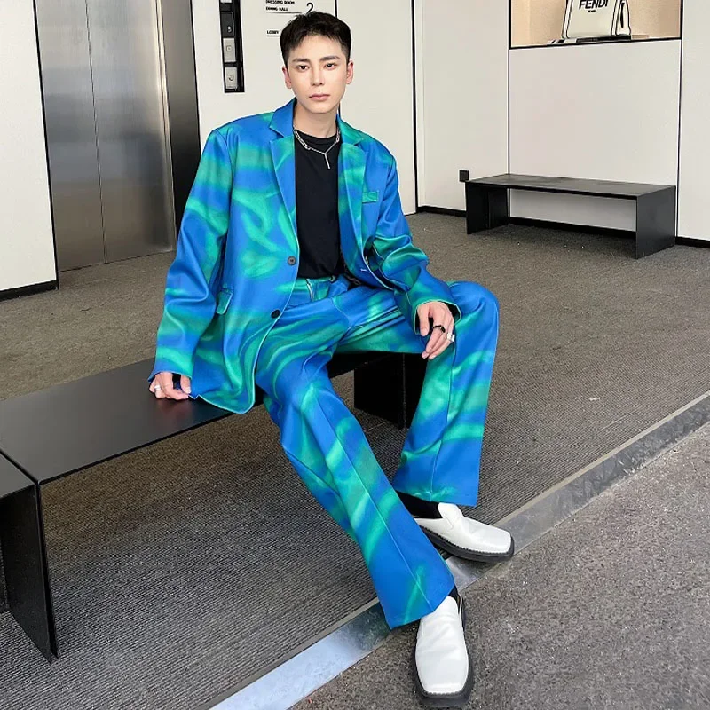 Colorful Print Blue Blazers Men Vintage Fashion Show Loose Casual Party Suits Jacket Male Streetwear Blazer Coat Stage Clothing