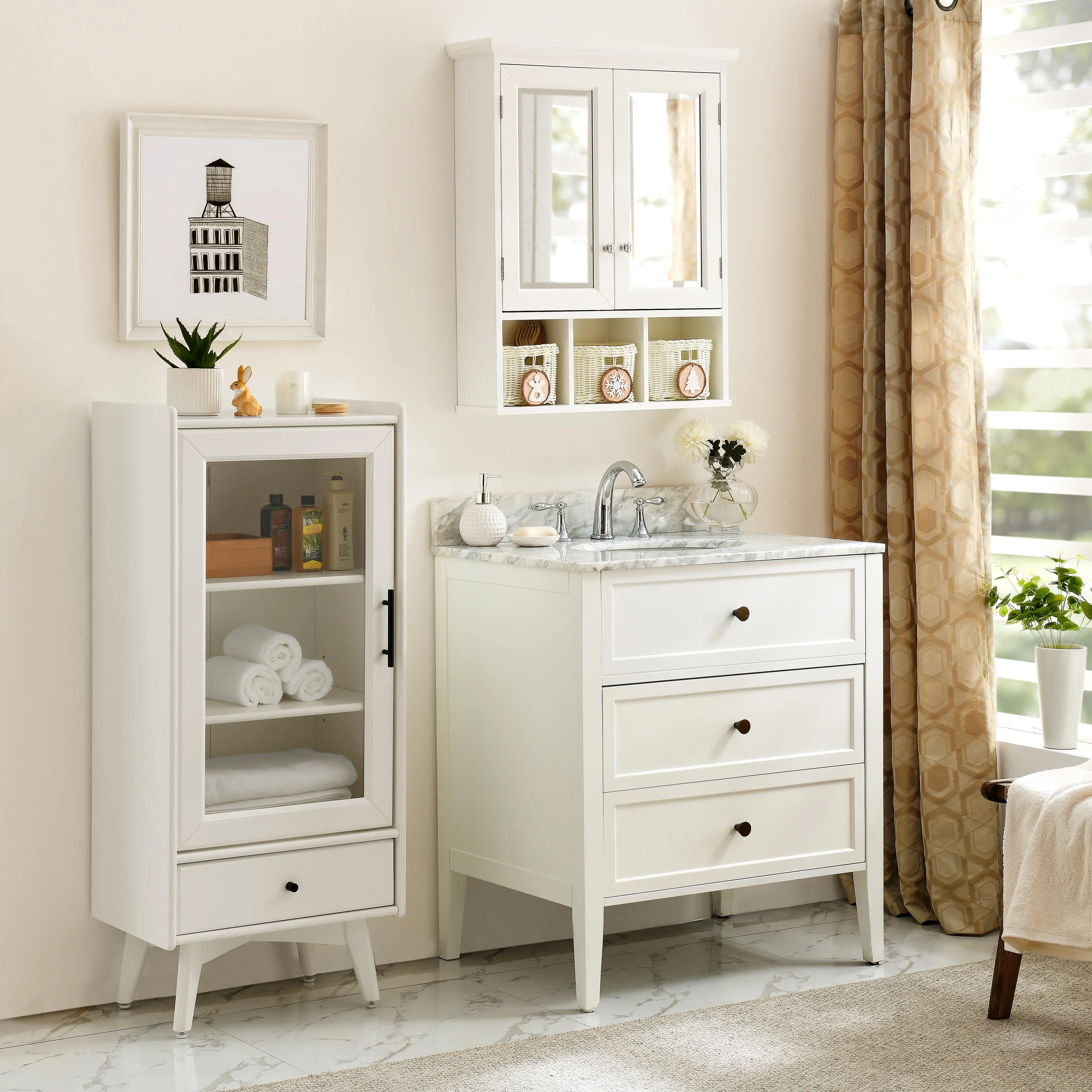 Wall-Mounted for bathroom Storage Cabinet with Mirror, 2 Doors & 2 Shelves, White Wood + 3 Festive Storage Baskets