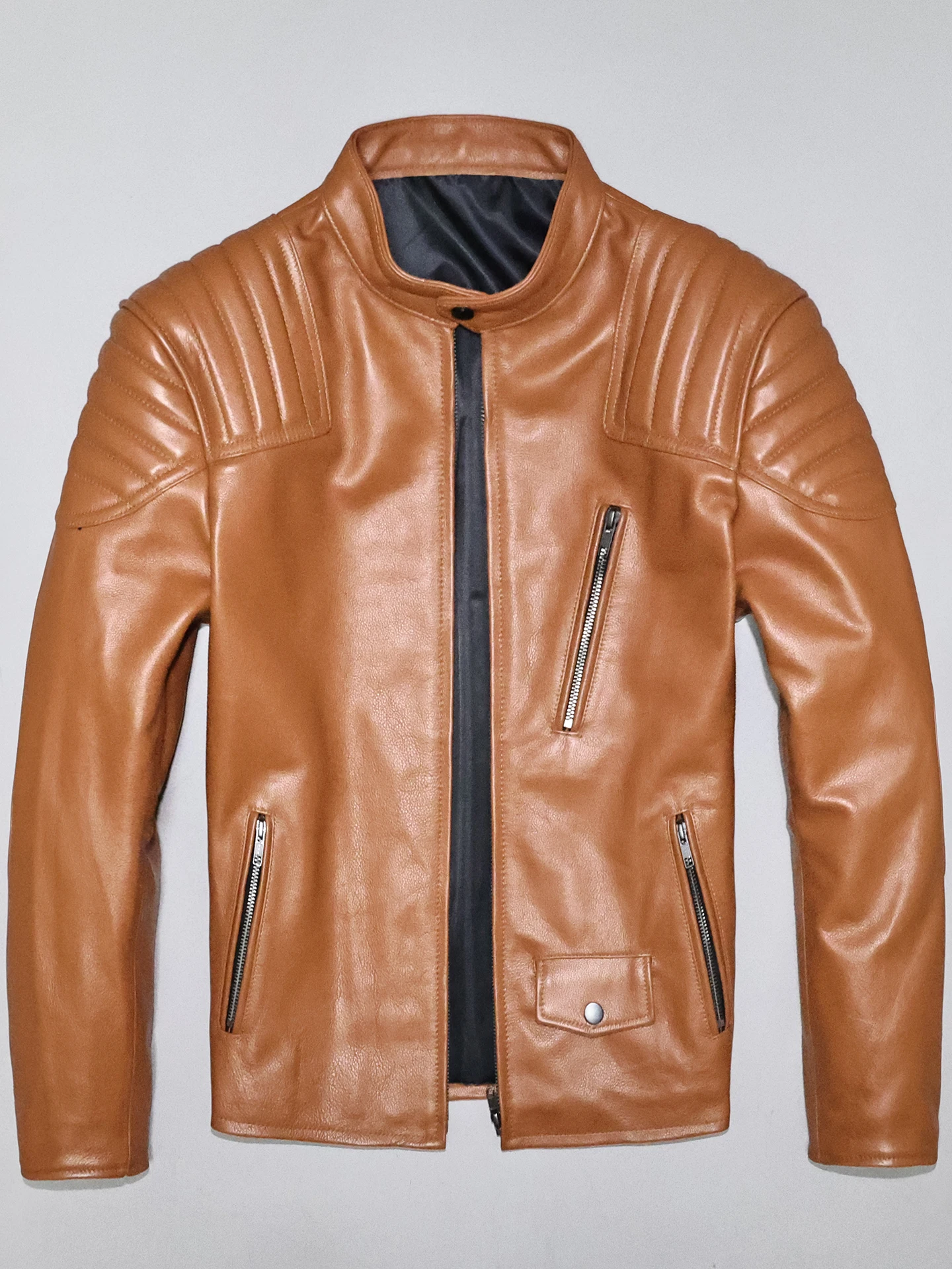 

First Layer Cowhide Genuine Real Leather Men's Short Youth Simplicity Stand Collar in Brown Motorcycle Jacket