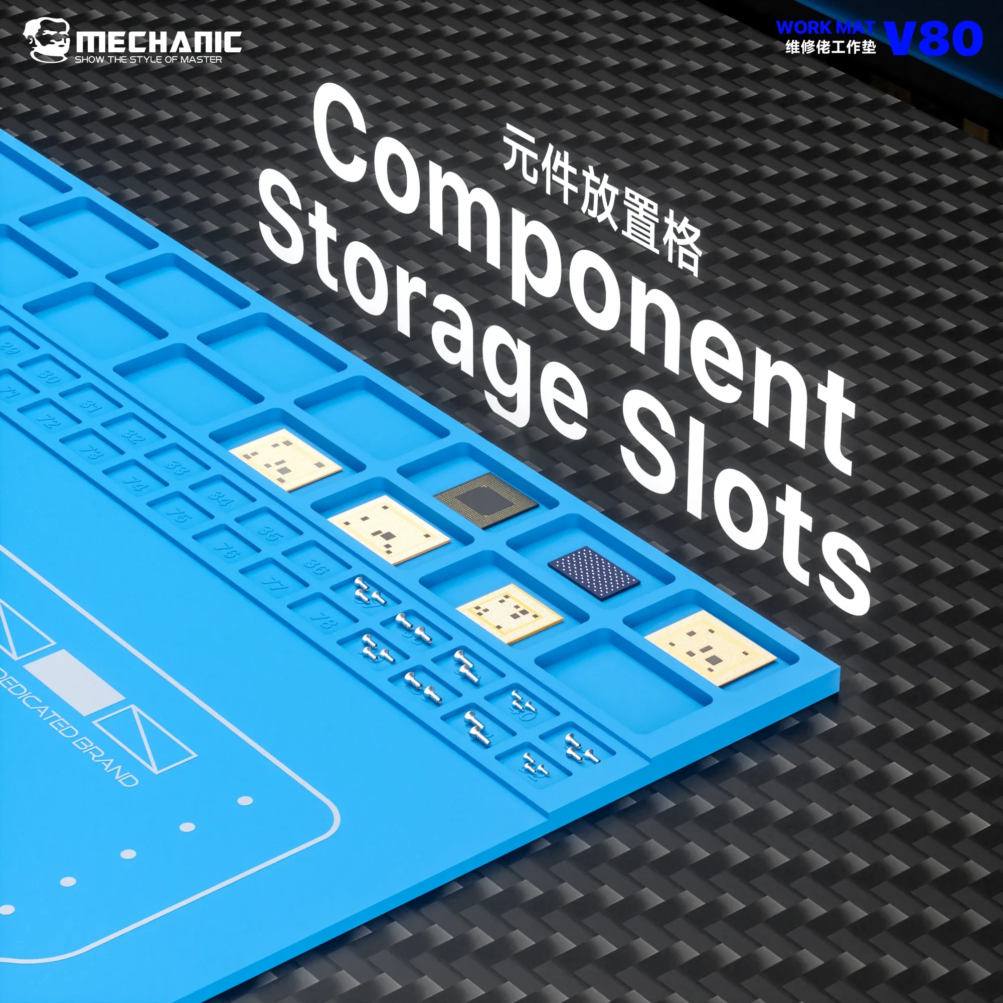 MECHANIC V80 Silikon-Reparaturmatte, hitzebeständige Lötunterlage mit Aufbewahrungsfächern für Komponenten zur Reparatur von Handy-Leiterplatten. – Detail 4