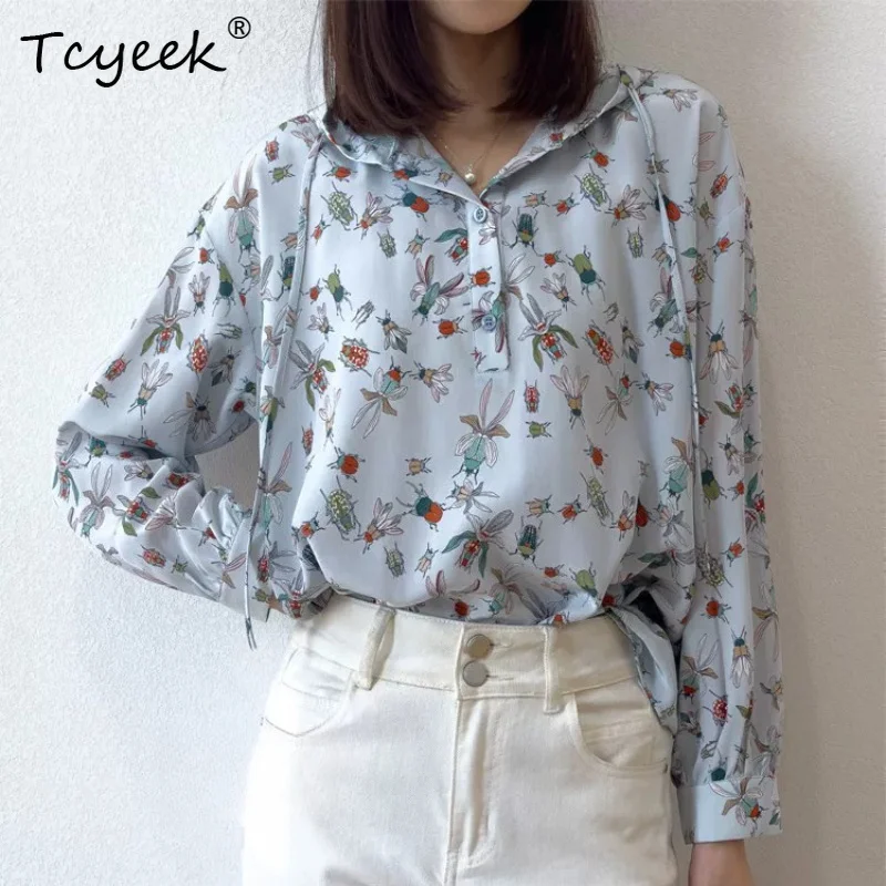 

Tcyeek 100% Real Silk Blouses for Women 2026 Spring New Style Fun Printed Age-reducing Hooded Shirts Woman Clothes Chemise Femme