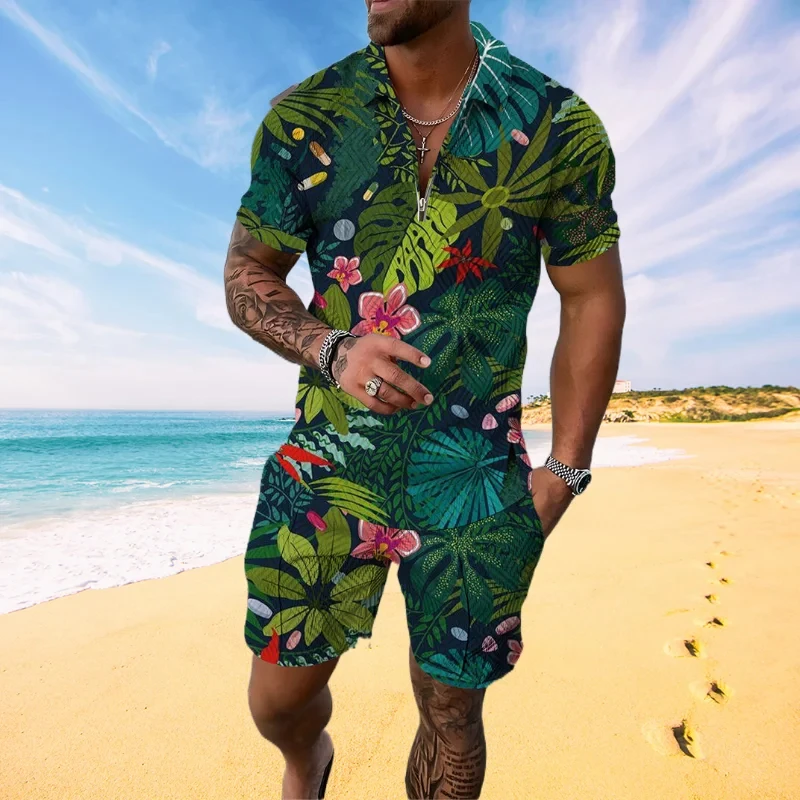 Floral Plant 3D Print Summer Men Sweatsuit Set Casual Zipper Collar Polo Shirt And Shorts 2pcs Sets Holiday style clothing