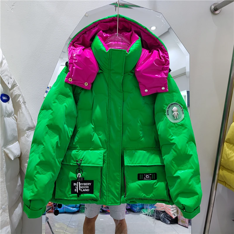 Doudoune courte à capuche brillante pour femme, manteau en coton chaud, veste épissée, imprimé lettre, parkas femme, mode, hiver, 2022