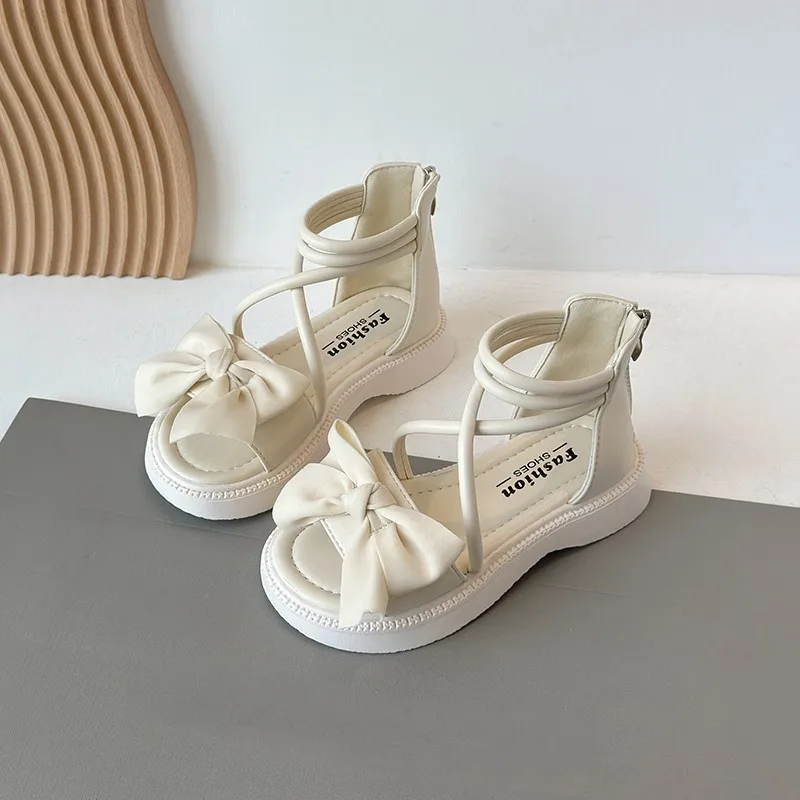 

Детские повседневные туфли для девочек в стиле принцессы с милым бантом, летние римские сандалии с высоким верхом, модные пляжные гладиаторские сандалии с открытым носком