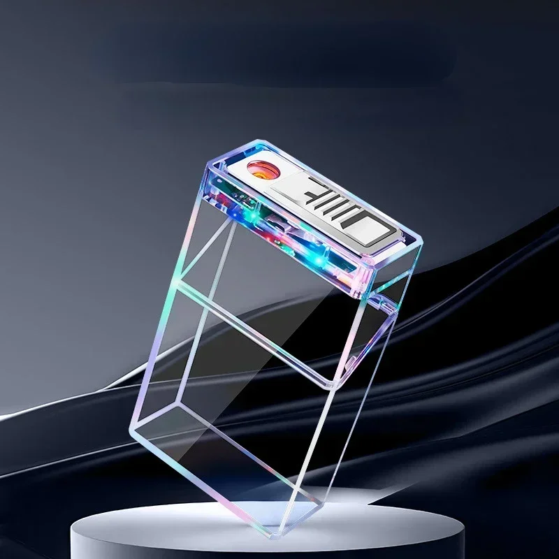 Clear Cigarette Case with Lighter, Colored Lights, Rechargeable Cigarette Case, 20-pack Cigarette Case Lighter