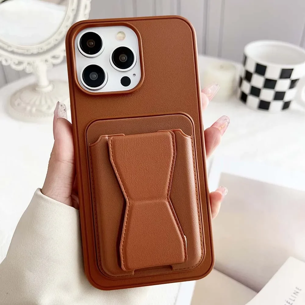 

Кожаный чехол-держатель для тележки для Iphone 15 14 13 12 11 Pro Max Xr Xs X 7 8 Plus, слоты для карт, складная подставка, противоударная мягкая задняя крышка