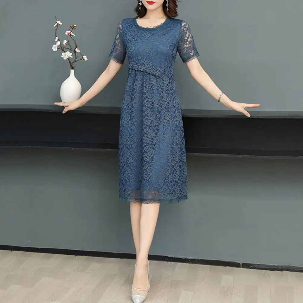 

Solid Color Midi Dress Elegant Floral Embroidery A-line Midi Dress with Hollow Out Lace Detail Double Layers Hem for Women's