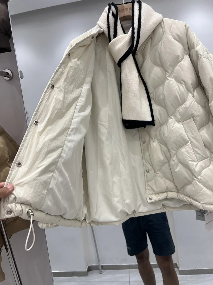 وشاح محبوك بياقة بيسبول قصيرة بتصميم جديد لشتاء 2025، سترة بيضاء مبطنة للنساء، معطف أنيق متعدد الاستخدامات #6