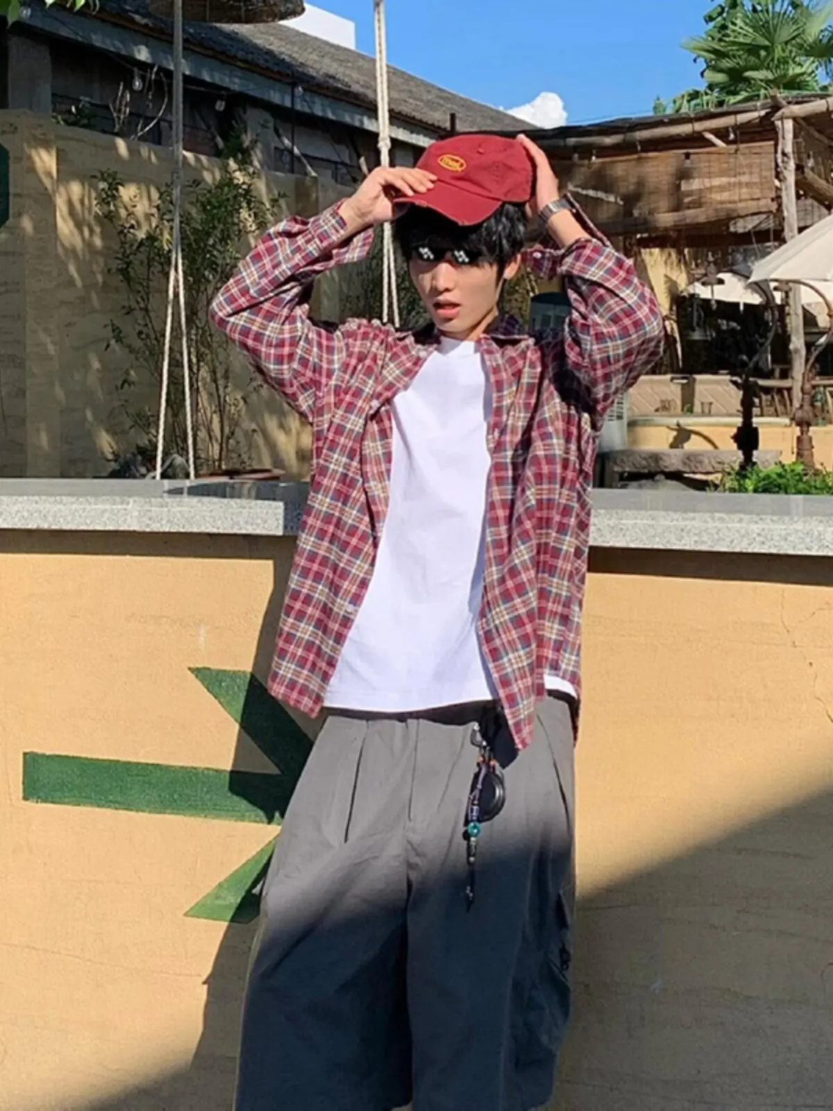 Red Plaid Long Sleeve Shirt Men's Autumn High-End Cleanfit Layering Shirt Outfit Plaid Cardigan Coat Casual Style Standard Fit