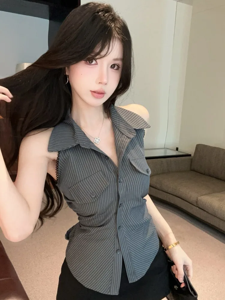 

Summer Slim Fit Shirt Vest Women's Neck Striped Belted Waist Exposure Knot Tunic Top Luxury Style Heat Sensation