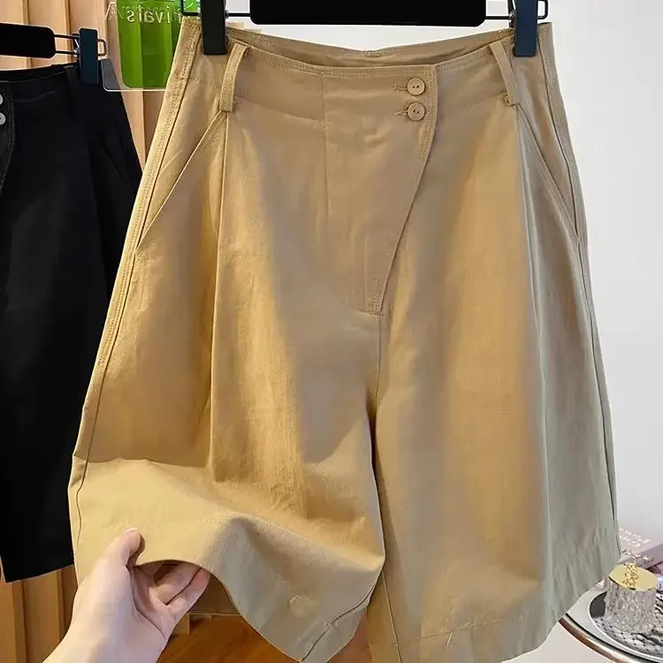 Black tooling pants five-point shorts women's summer 2024 new loose Joker fashion casual thin high waist A-shaped wide-leg pants