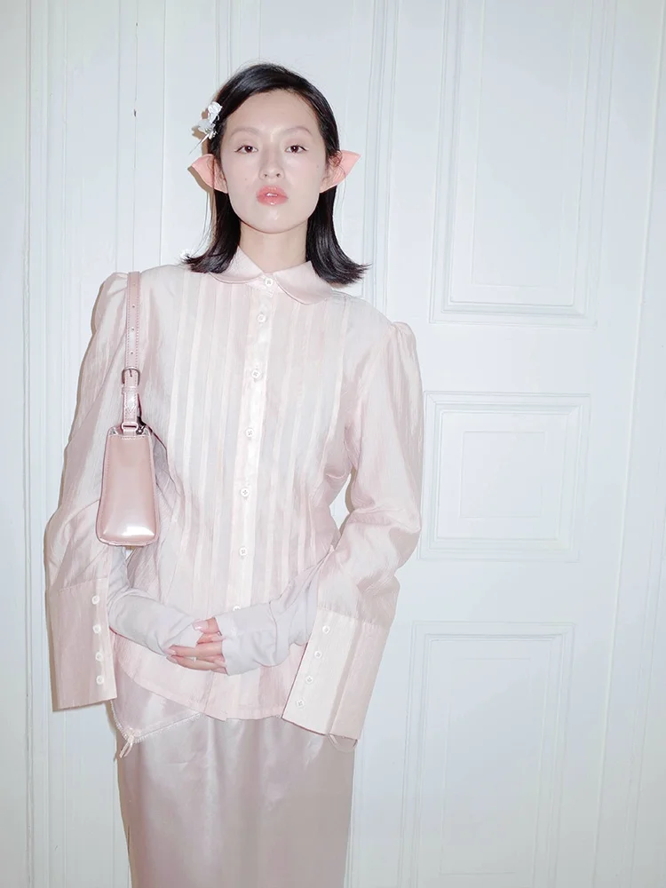 

Pink Pleated Doll Collar Design irt Casual Sle Cotton Long Sve Women's irt Aporoom Official Soft Cotton Fabric