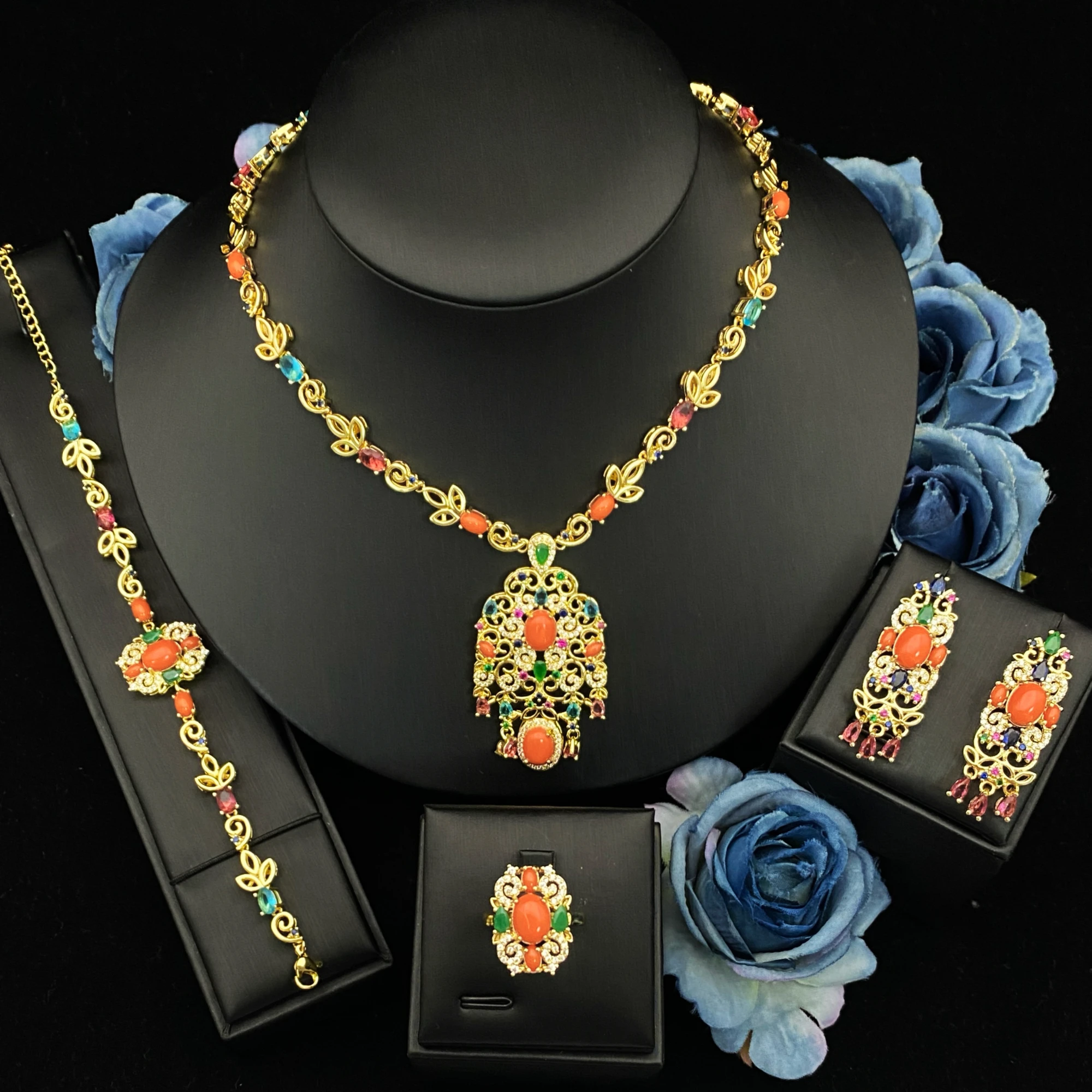 JRH Dubai Luxury Daily Wear Women's Zircon Simulation Jewelry Set Gold Plated Copper Craft Bracelet Ring Necklace Earrings Set