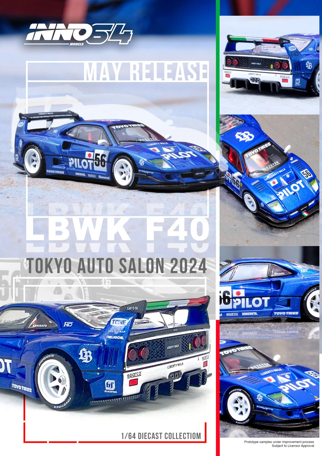 INNO 1:64 LBWK F40 Tokyo Auto Salon 2024 Blue Diecast Model Car