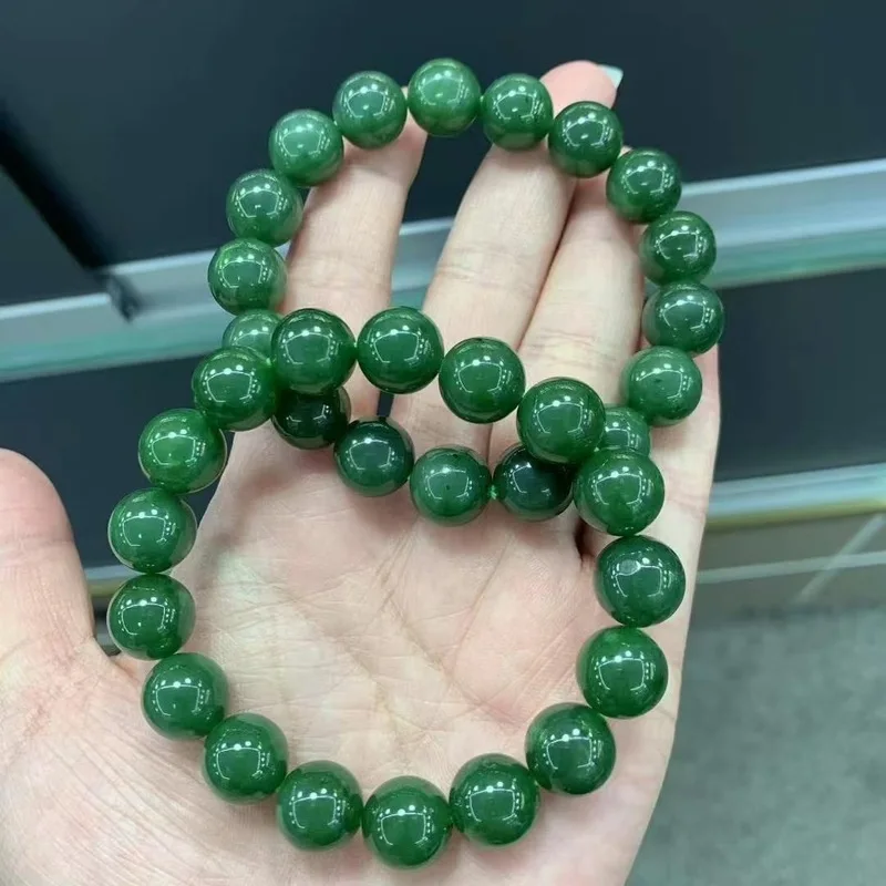 Natural Hotan Spinach Green Round Bead Single Strand Bracelet With Fine Jade Texture