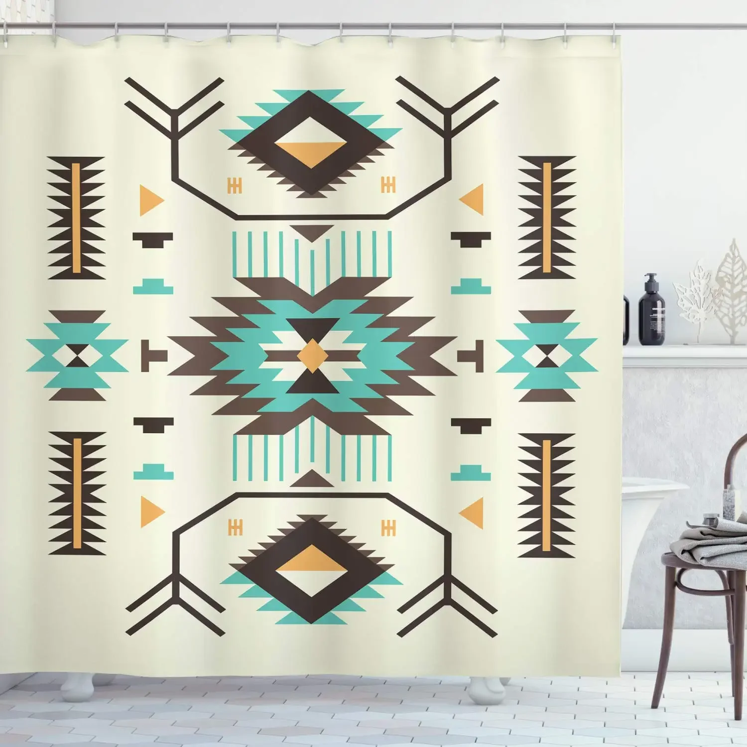 Southwestern Shower Curtain,Ethnic Motifs Illustration of A Zigzags Design Drawing Printed Art for Bath,Fabric Bathroom Set,Hook