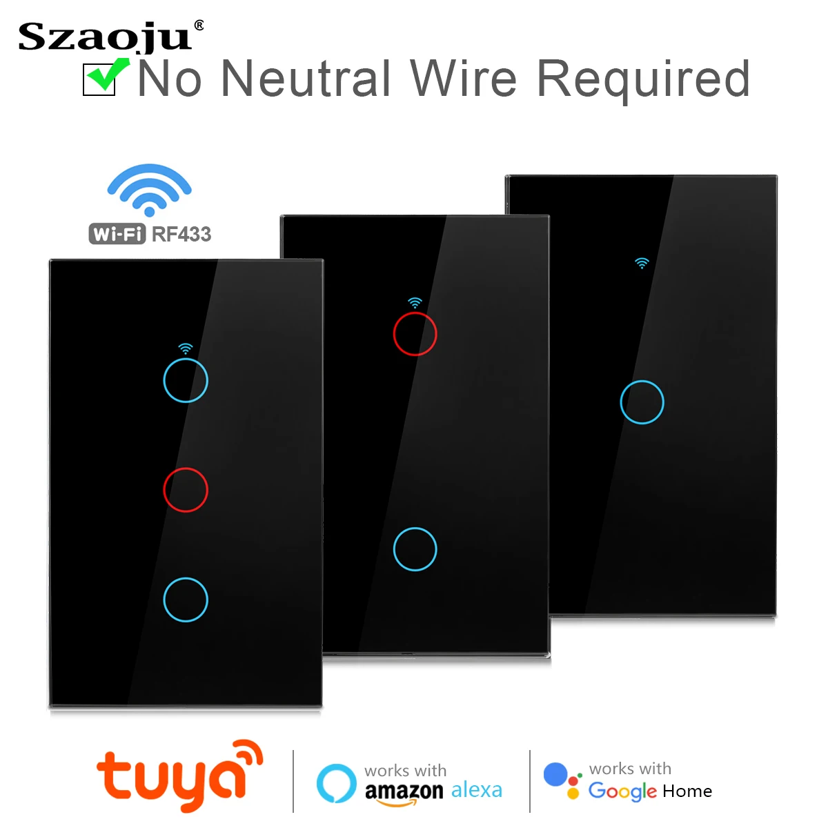 Tuya US WiFi Smart Wall Switch 1/2/3Gang No Neutral Wire Touch Sensor LED Light Switches Smart Home Alexa Google Home