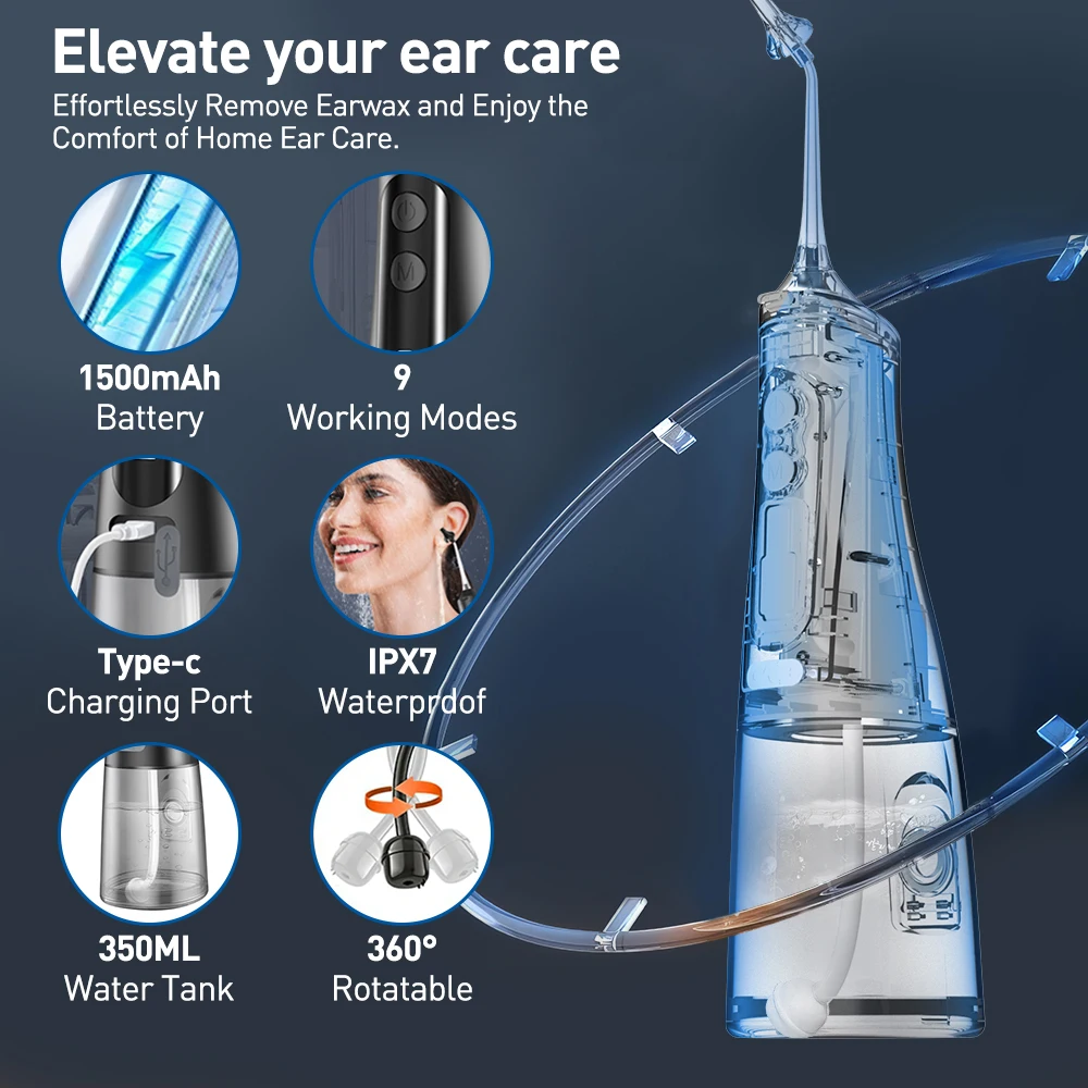 Homasy-limpiador de oídos eléctrico para adultos y niños, Kit de eliminación de cera de oído, sistema de lavado de irrigación del oído impermeable IPX7, 9 modos de presión