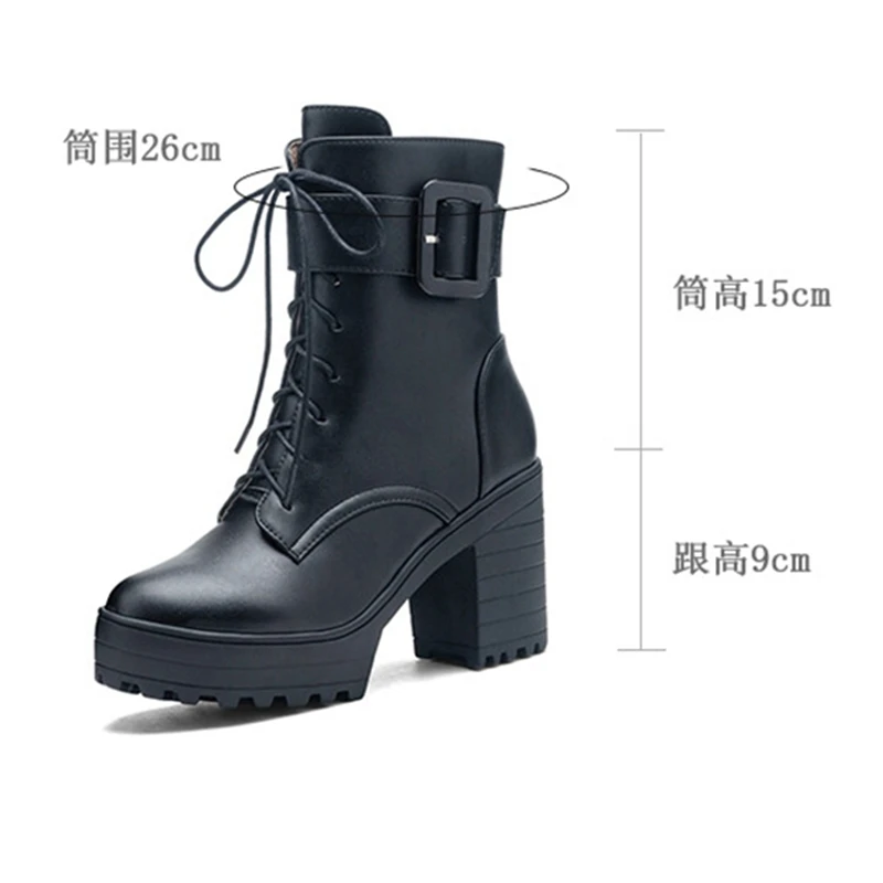 ASILETO ใหม่รถจักรยานยนต์ข้อเท้า BootsBuckles Zip รอบ Toe 9 ซม.ส้น Lace Up สีขาวสีดําขนาดใหญ่ขนาด 42 43 US12 แฟชั่น Cool