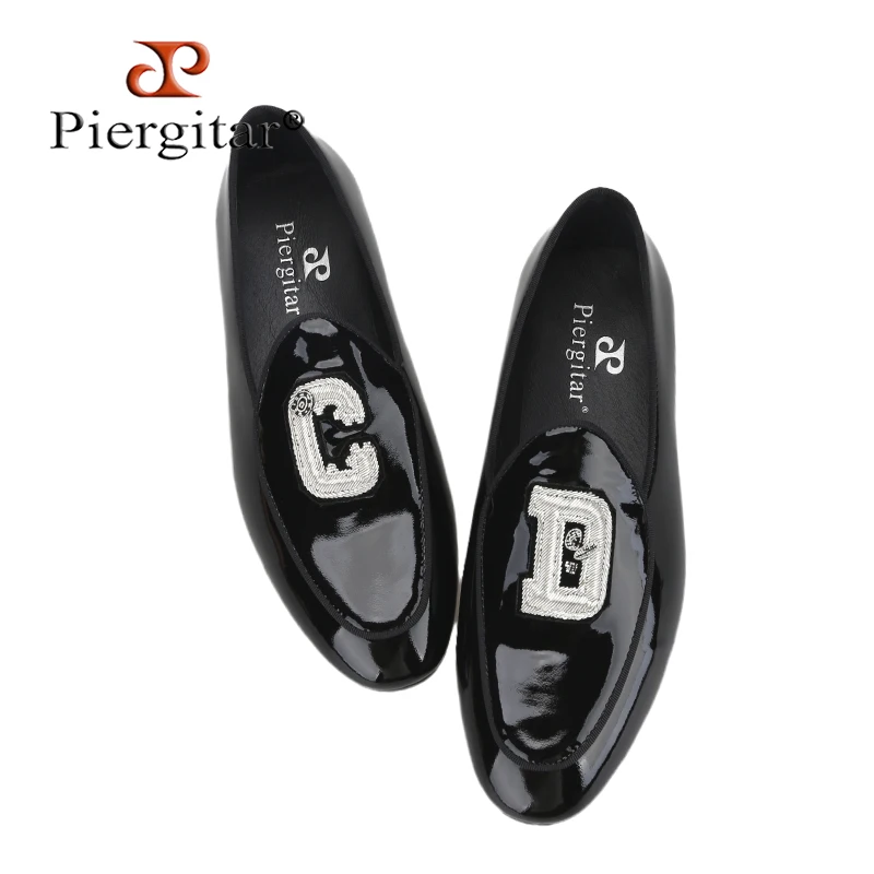 Piergitar Summer Style Black Patent Leather Men's Loafers With Handmade Sliver Letters Embroidered Patch Red Bottom Moccasins