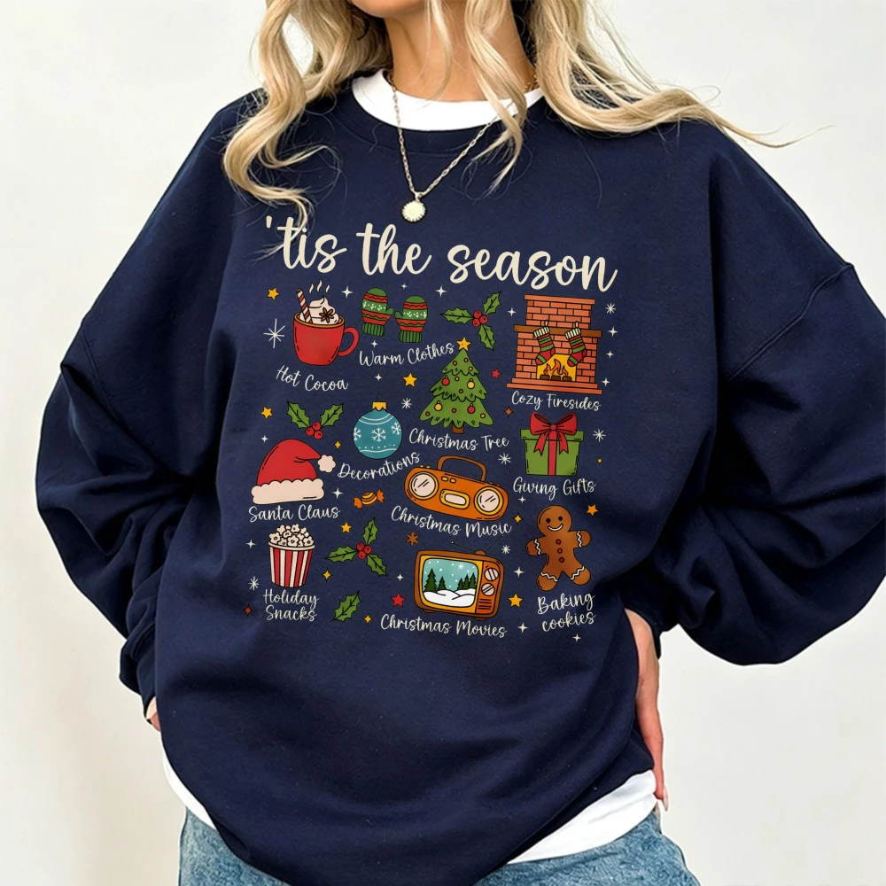 Tis The Season Christmas Sweatshirt Cute Holiday Doodles Crewneck Cozy Xmas Sweatshirt Santa Claus Movies Cookies Gifts Pullover