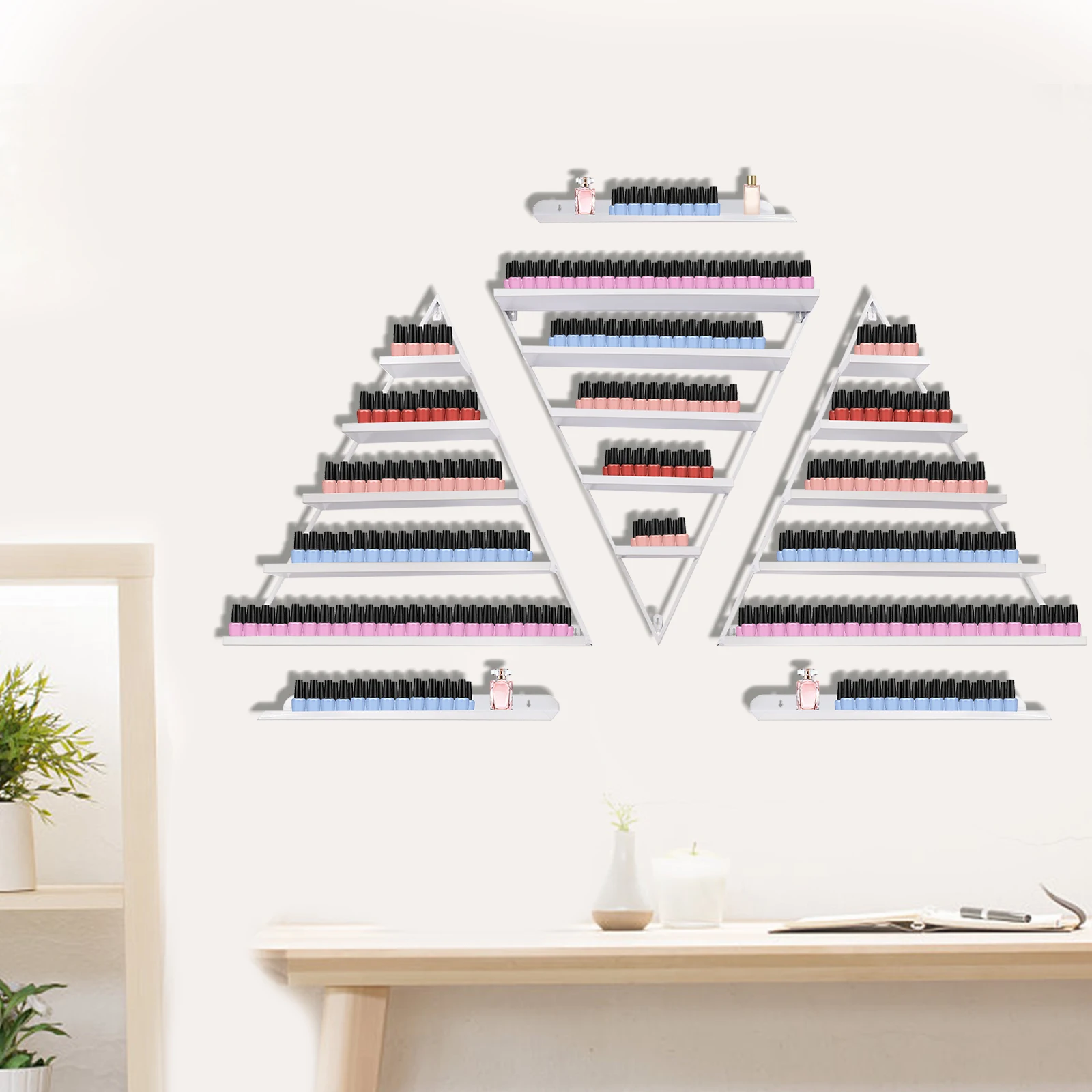

5 Tier Wall-Mounted Nail Polish Display Rack 6PCS White Iron Triangular Show Shelf for Stores, Nail Salons, Beauty Shops