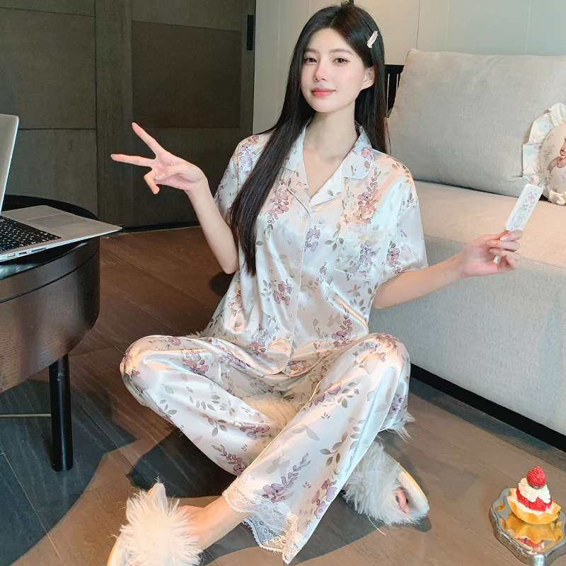 Women's Pajamas Lounge Set Fashion Print Lace Design Sleepwear Button Down Short Sleeve Top Summer New Pajamas Set Home Clothing 6