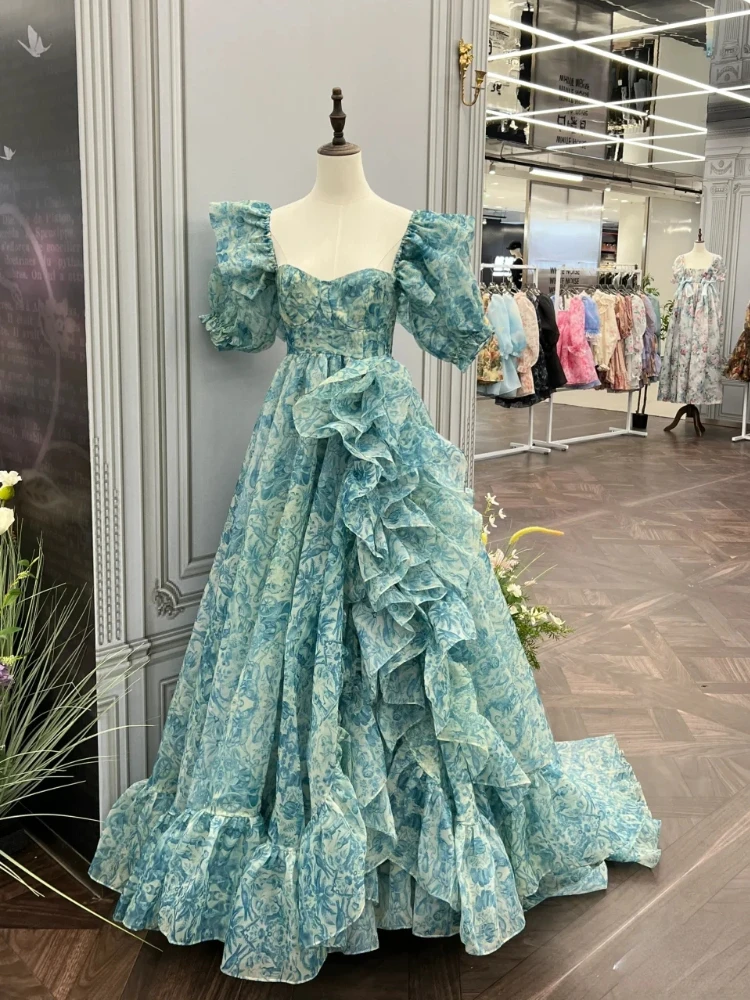 2024 Elegant Princess Floral Midi Dress Women Puff Sleeve Casual Fairy Chiffon Dress Evening Korean Party Lolita Dresses Chic