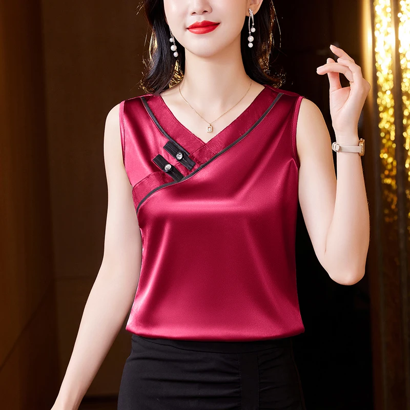 New Chinese style Women Tank top 2024 Spring Summer Silk Satin Vest V Neck Sleeveless Casual Camisole