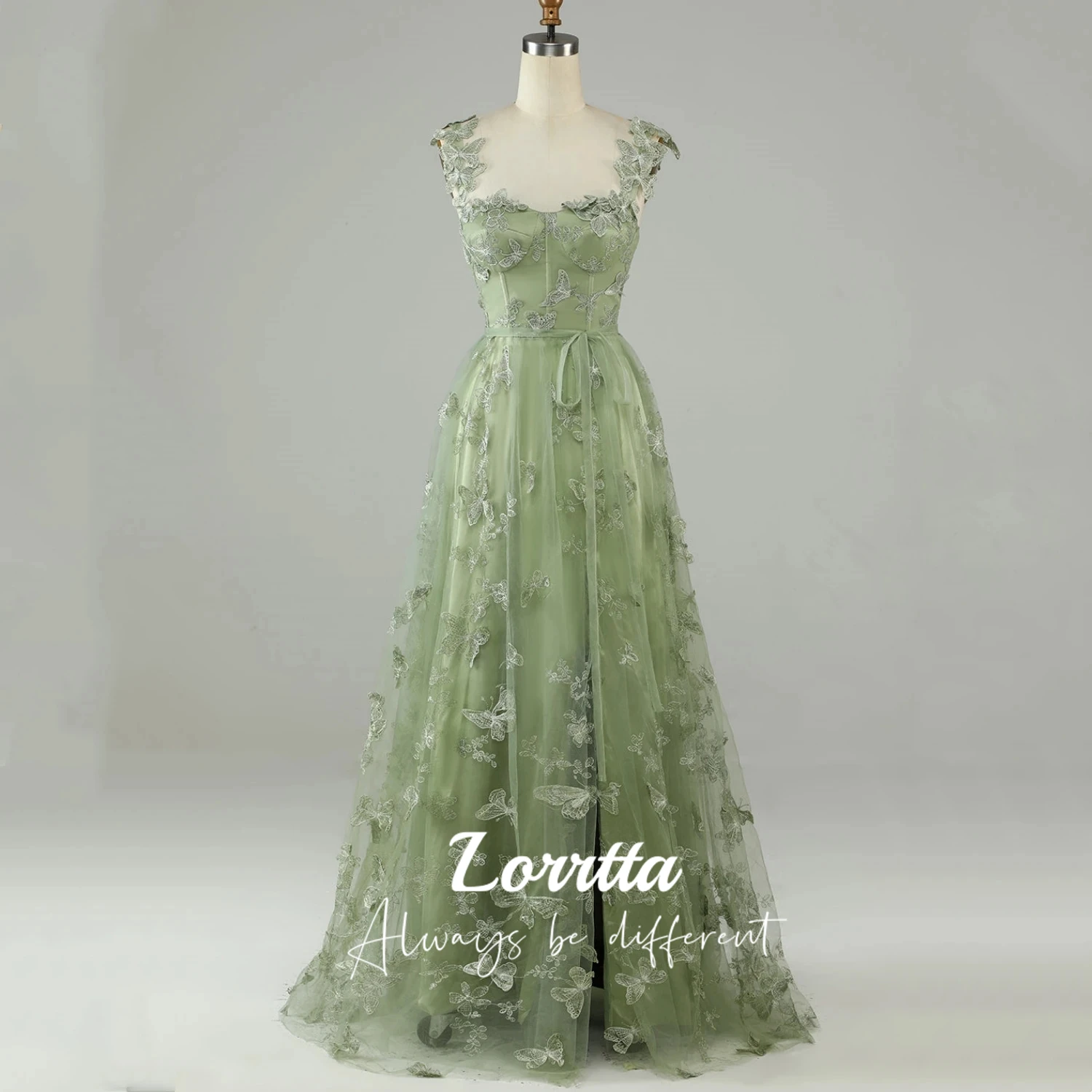 Lorrtta Sage Green 3D Lace Butterfiles Sweetheart Prom Dresses 2024 Spaghetti Straps A-Line High Slit Fairy Evening Gown