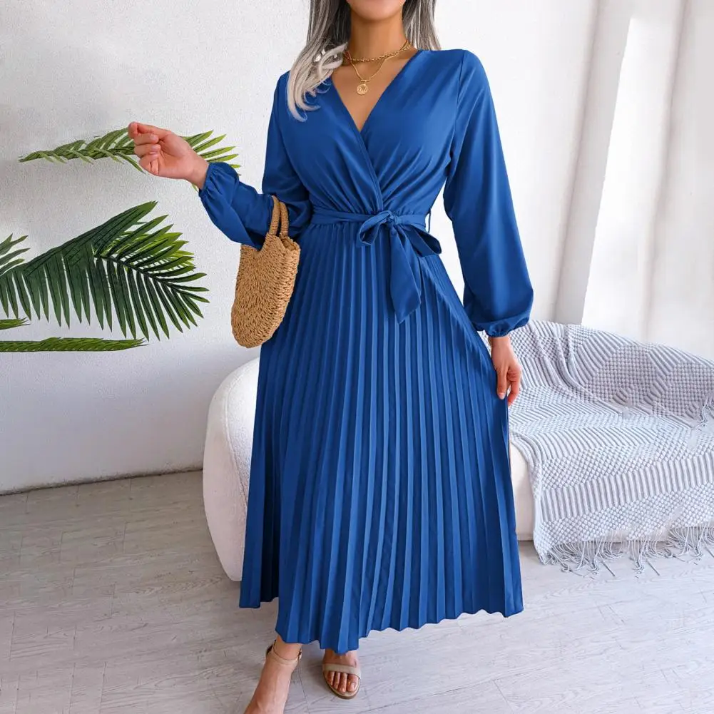 

Belted Maxi Dress Elegant Women's V-neck Maxi Dress Lantern Sleeve Belted Pleated Hem for Office or Streetwear Fashion Women