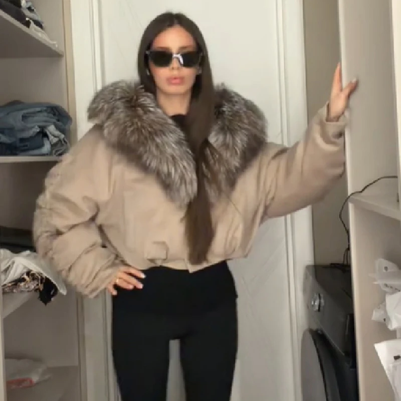 Oversize Drop Shoulder Padded Jacket Detachable Large Faux Fur Collar High Waist Warm Thick Coat Winter Chic Women Streetwear