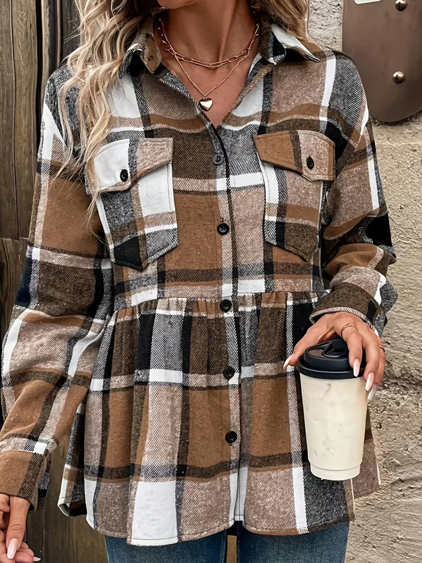 Plus Size Plaid Peplum Waist Long Sleeve Flannel Shirt Jacket With Chest Pockets