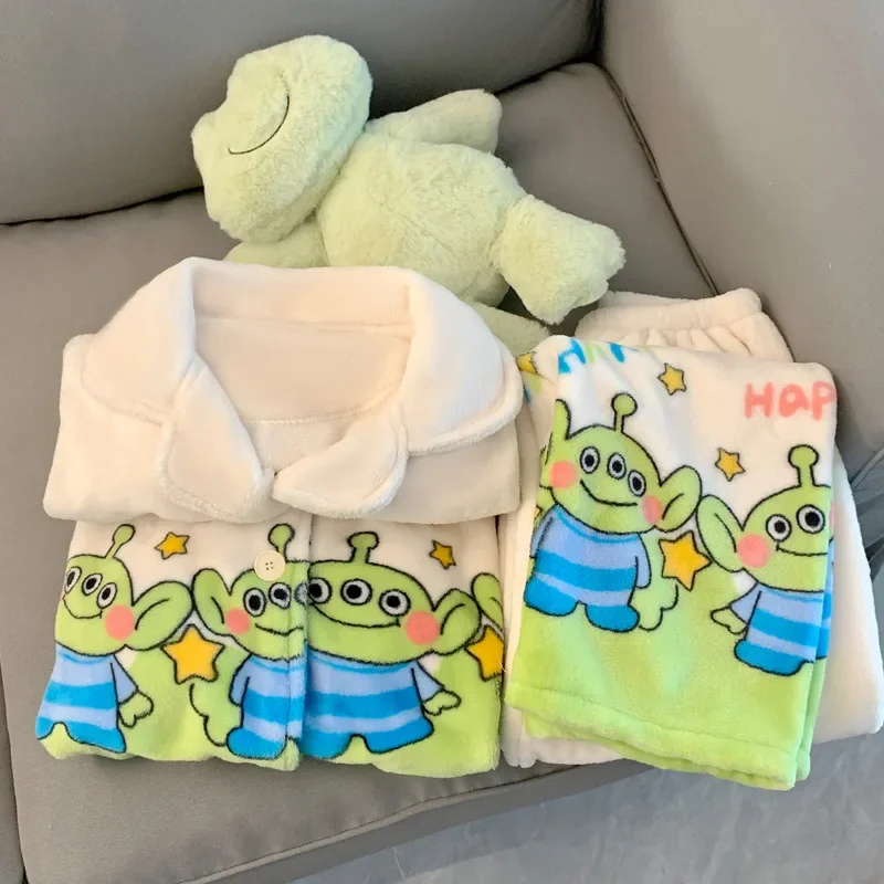 Disney-Pijama largo y cálido de franela de tres ojos para niño y mujer, cárdigan con solapa gruesa de lana, conjunto de ropa de descanso informal, invierno