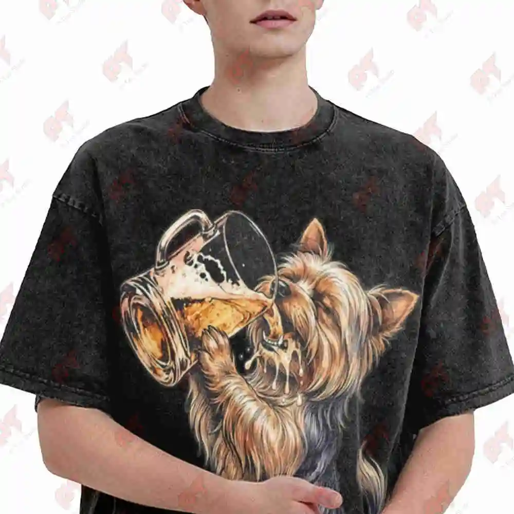 Yorkie Beer Yorkshire Terrier Vintage Biker Vintage Washed Tee Pure Cotton T-Shirt