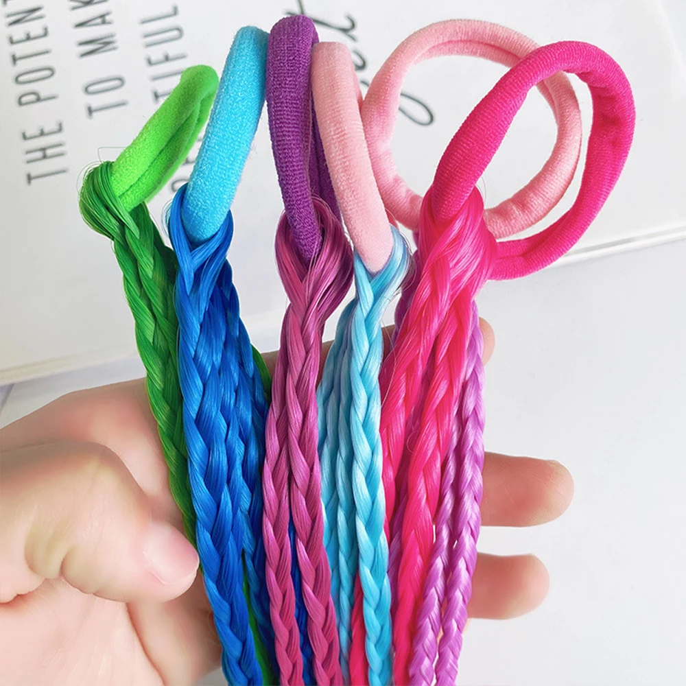 Synthetic Colorful Braids Hair Extensions With Rubber Bands Rainbow Braided Ponytail Hairpieces Hair Accessories For Kids Girls