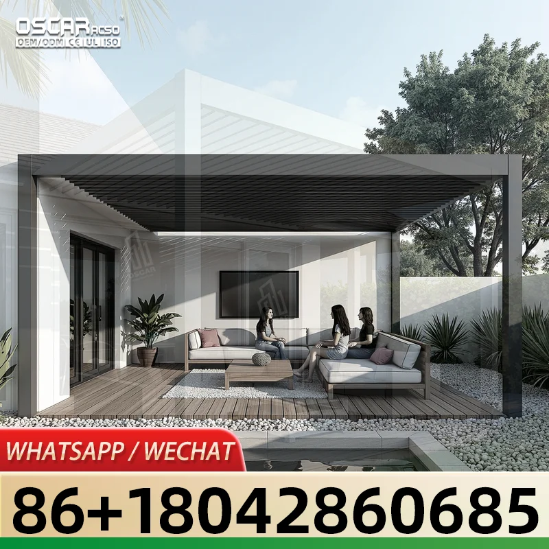 Pérgola Bioclimática de Aluminio con Control Remoto Impermeable y Luz LED 3x3 3x4 4x3 4x6 para Jardín, Patio y Terraza