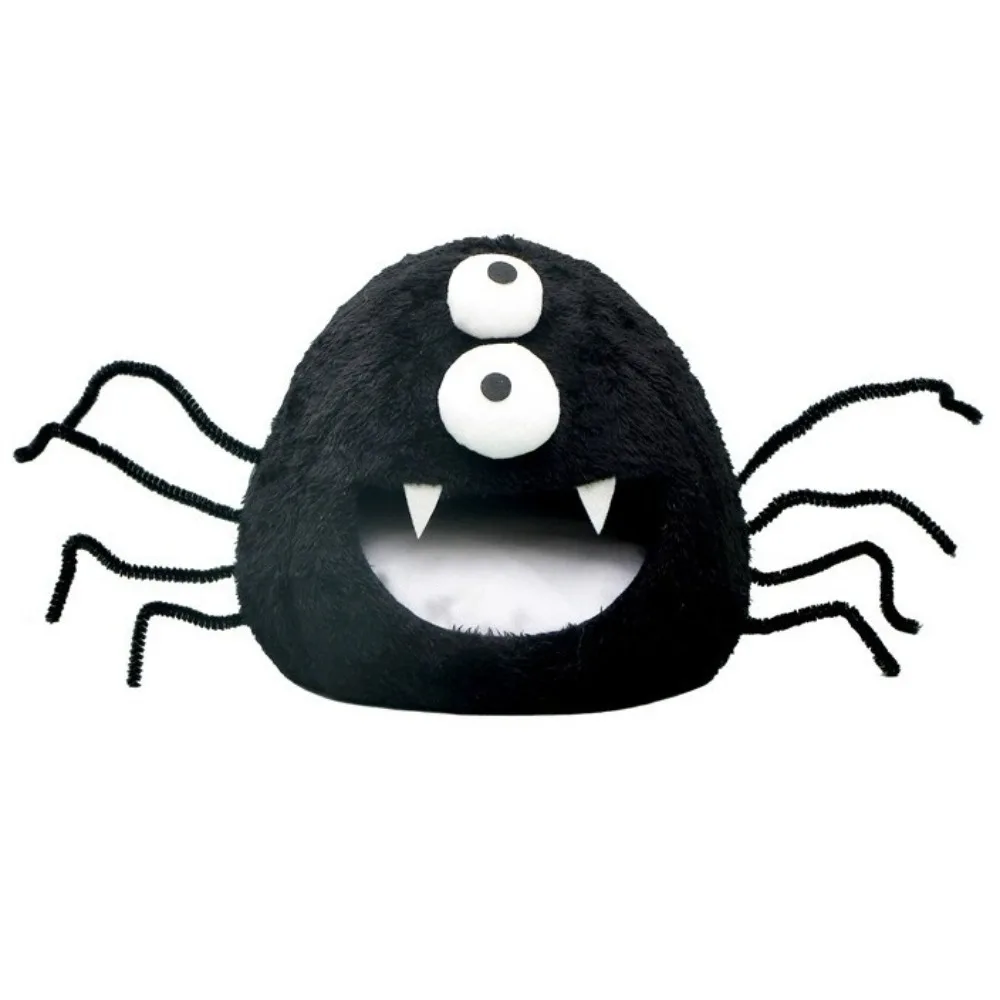 Cama de algodón para mascotas en forma de araña de peluche, cálida y cómoda, cama para animales pequeños, diseño de araña negra, casa semicerrada para hámster de Halloween.