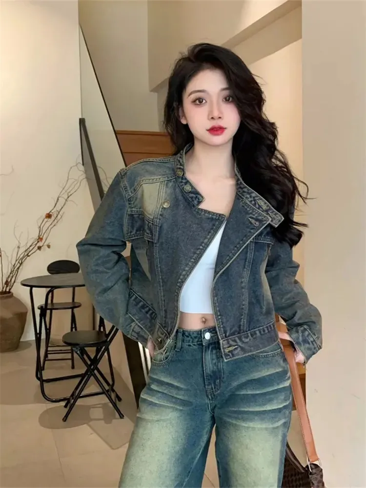 

Retro Streetwear Y2K Denim Jacket Female Korean Fashion Stand-Up Collar Short Coat Women 2024 New Long Sleeve Outwear chaquetas