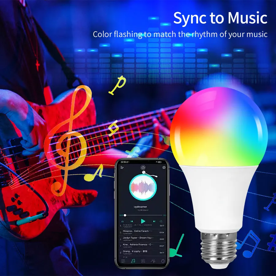 Tuya Smart Light Bulbs, Smart Bulb,With App Control, RGBW LED Color Changing Bulbs, A19 9W 110V 220V,Dimmable Music Sync