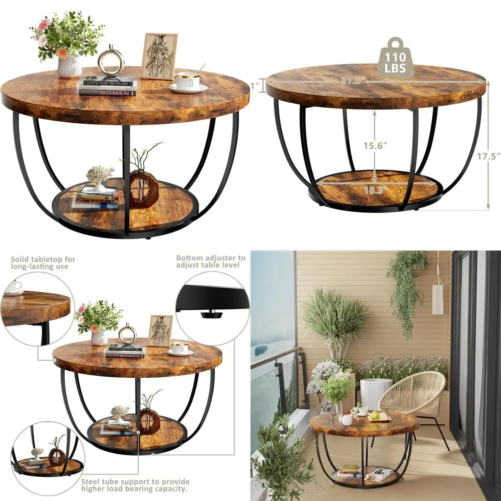 

Round 2-Tier Wooden Coffee Table for Living Room with Storage, Modern Accent Center