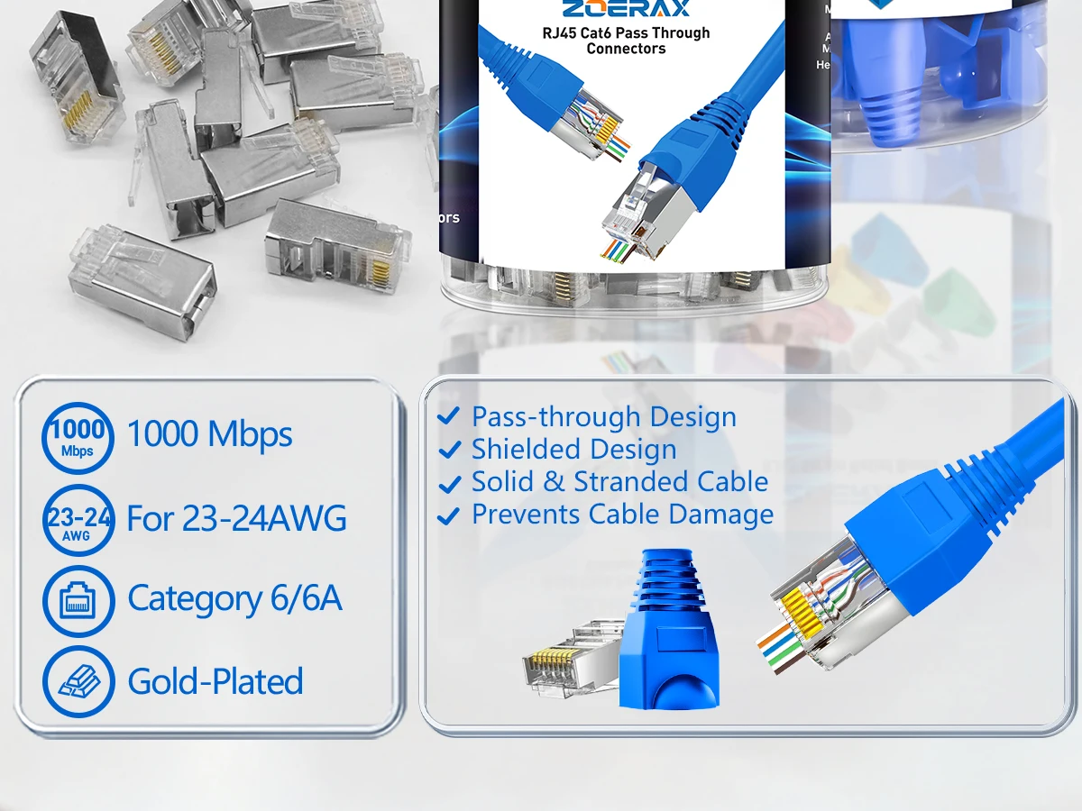 ZoeRax 100PCS Cat6 Pass‑Through RJ45 Connectors with Strain Relief Boots,STP Shielded RJ45 Modular Plugs for 23‑28AWG Ethernet Cable, Cat6/Cat5e Crimp Connector Kit view 6