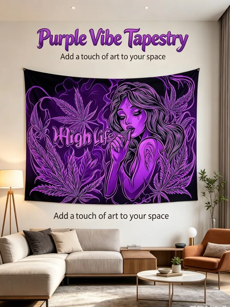 Purple High Life Cannabis Tapestry Wall Hanging, Trippy Weed Leaf Art for Bedroom & Living Room