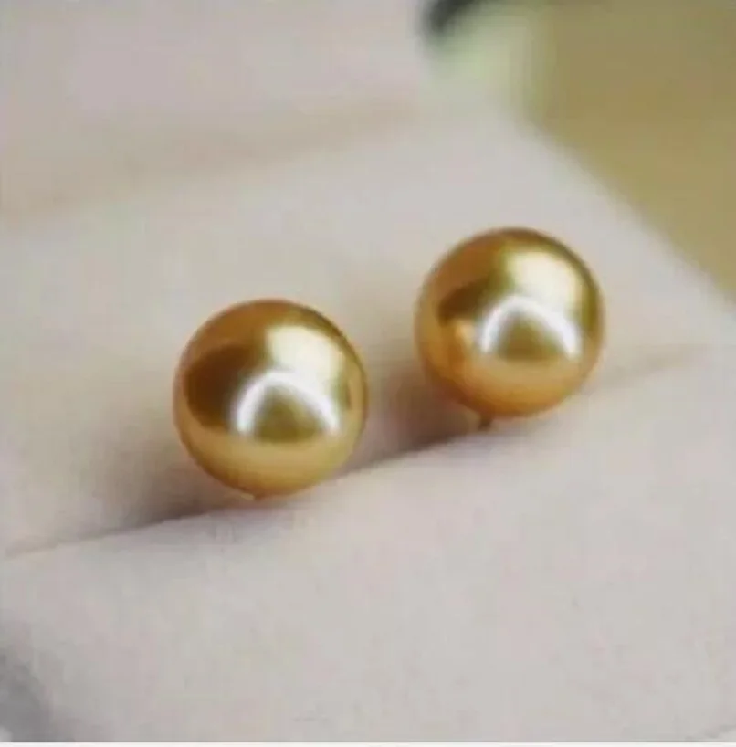 Fine Jewelry  AAAA+ 9-10mm real natural south sea golden round pearl earrings 18k Gold CUSTOM 18K