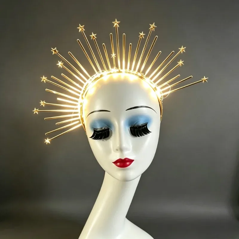 Silver LED Sunburst Halo Crown, Starburst Headband with White Glow, Lightweight Party Headpiece for Wedding Photoshoot Cosplay